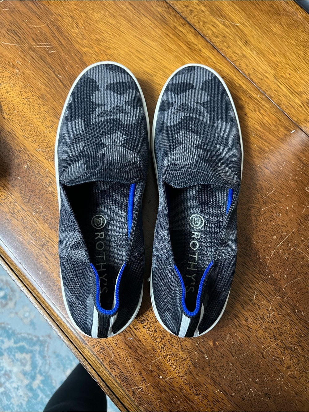 Rothy's women's  Slip-On Knit Loafers in Black Camo with Blue Trim - Picture 2 of 4